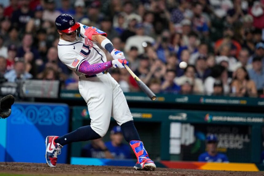 United States right fielder Aaron Judge (99) lines out to center field in the sixth inning of a World Baseball Classic game against Italy , Tuesday, March 10, 2026, in Houston. (AP Photo/Ashley Landis)