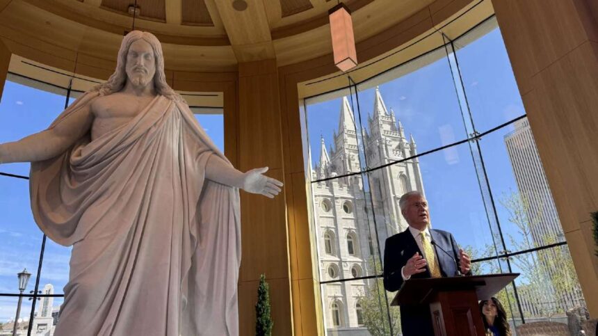 President Dieter F. Uchtdorf of The Church of Jesus Christ of Latter-day Saints speaks to the media about the new Temple Square Visitors' Center in Salt Lake City on Monday. | Emily Ashcraft, KSL