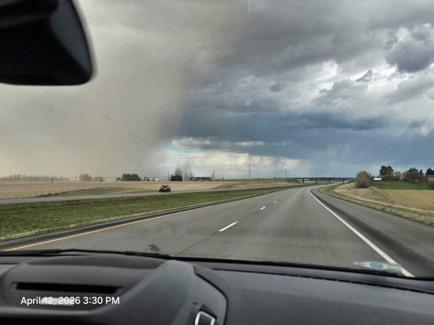 Driving into the strom, on I-15 towards the Osgood area exit, at 3:30 p.m. on Sunday, April 12, 2026. | Courtesy Taylor Neilson-Ganguin via Facebook