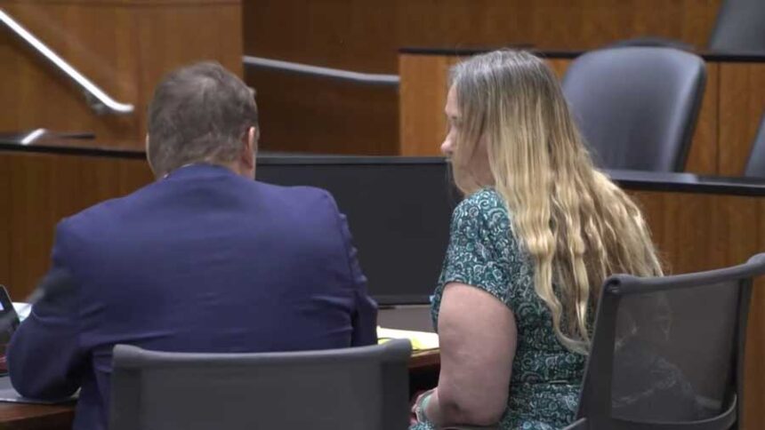 Tracey Grist speaks with her attorney in a Provo, Utah, courtroom in April 2026 as she stands trial for the murder of her son-in-law, Matthew Restelli. A jury found Grist, 60, guilty on all charges Tuesday, April 21, 2026.