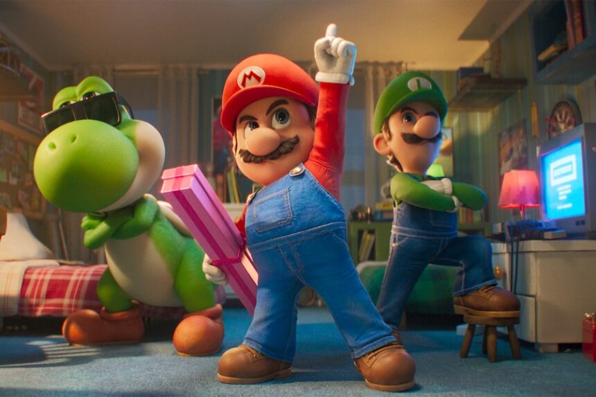 This image released by Universal Pictures shows Yoshi, voiced by Donald Glover, left, Mario, voiced by Chris Pratt, center, and Luigi, voiced by Charlie Day, in a scene from "The Super Mario Galaxy Movie." (Nintendo and Illumination/Universal Pictures via AP)