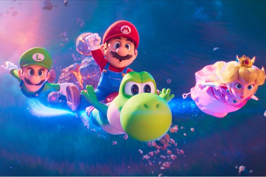 This image released by Universal Pictures shows, from left, Luigi, voiced by Charlie Day, Mario, voiced by Chris Pratt, Yoshi, voiced by Donald Glover, and Princess Peach, voiced by Anya Taylor-Joy, in a scene from "The Super Mario Galaxy Movie."