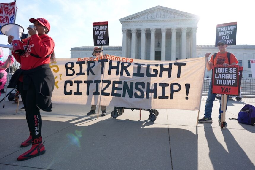 Pro and anti-Trump demonstrators rally outside the U.S. Supreme Court, before justices hear oral arguments on whether President Donald Trump can deny citizenship to children born to parents who are in the United States illegally or temporarily, on Capitol Hill, in Washington, Wednesday, April 1, 2026.