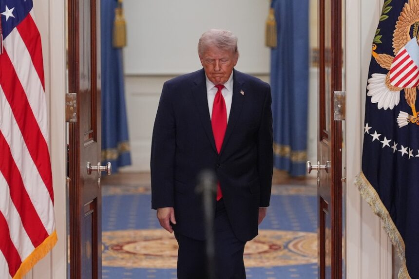 President Donald Trump arrives to speak about the Iran war from the Cross Hall of the White House on Wednesday, April 1, 2026, in Washington. (AP Photo/Alex Brandon, Pool)