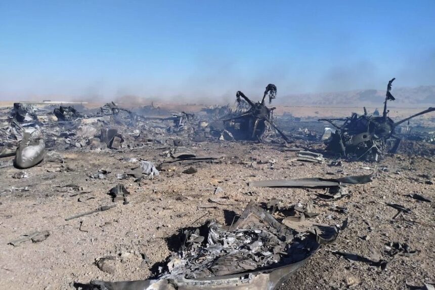 In this image provided by Sepahnews, the Iranian Revolutionary Guard's official website, wreckage is shown at what Iran's state TV claimed was the site of a downed American transport plane and two helicopters involved in a rescue operation, in Isfahan province, Iran, April, 2026.