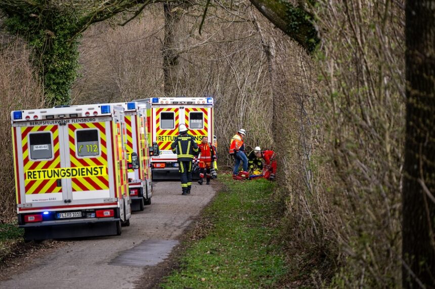 Rescue workers are on the scene after an accident in a wooded area south-east of Flensburg, Germany on Sunday, April 5, 2026.