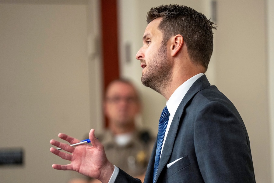 Attorney Eric Swinyard speaks during a hearing on a protective order sought by a former partner against Taylor Frankie Paul, in 3rd District Court in Salt Lake City, Tuesday, April 7, 2026.
