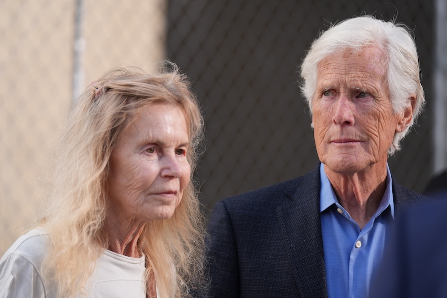Suzanne Morrison, mother of Matthew Perry, walks into court with her husband Keith Morrison before Jasveen Sangha, who plead guilty to selling Perry a lethal dose of the drug ketamine in the days before his death, appears in court for sentencing on Wednesday, April 8, 2026 in Los Angeles.