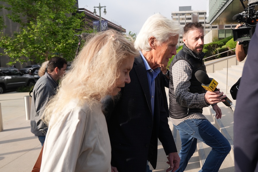 Suzanne Morrison, mother of Matthew Perry, walks into court with her husband Keith Morrison before Jasveen Sangha, who plead guilty to selling Perry a lethal dose of the drug ketamine in the days before his death, appears in court for sentencing on Wednesday, April 8, 2026 in Los Angeles.