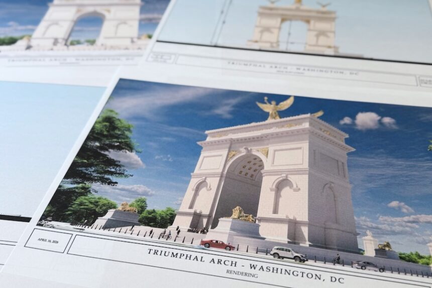 Artist renderings and diagrams for President Donald Trump's new triumphal arch released by the U.S. Commission of Fine Arts that is planned to be built in Washington between the Lincoln Memorial and Arlington National Cemetery, are photographed Friday, April 10, 2026.
