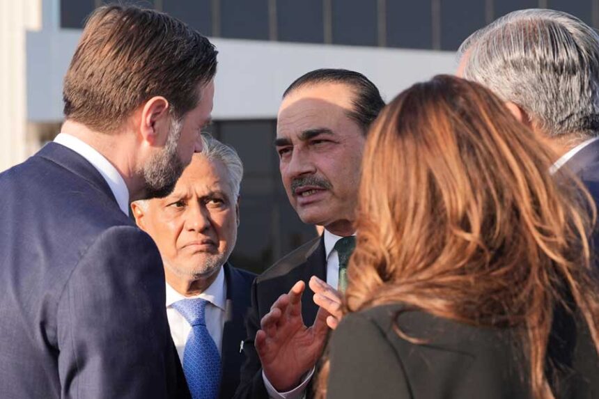 Vice President JD Vance, left, talks to Pakistan's Chief of Defence Forces and Chief of Army Staff Field Marshall Asim Munir, right, and Pakistani Deputy Prime Minister and Foreign Minister Mohammad Ishaq Dar, center, before boarding Air Force Two after attending talks on Iran in Islamabad, Pakistan, Sunday, April 12, 2026.