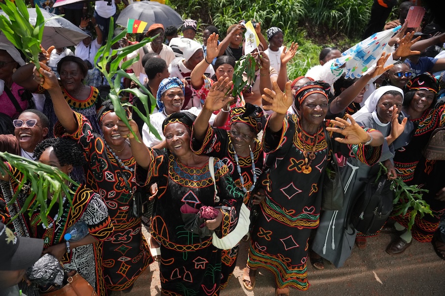 People wait for Pope Leo XIV in Bamenda, Cameroon, Thursday, April 16, 2026, on the fourth day of his 11-day pastoral visit to Africa.
