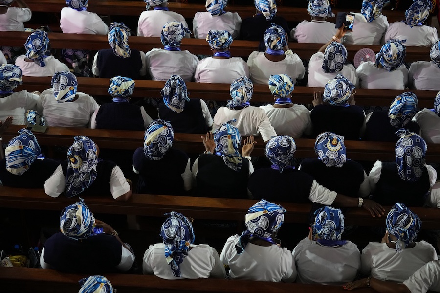 Faithful attend a meeting for peace, lead by Pope Leo XIV at Saint Joseph's Cathedral in Bamenda, Cameroon, with the local community Thursday, April 16, 2026, on the fourth day of his 11-day pastoral visit to Africa.