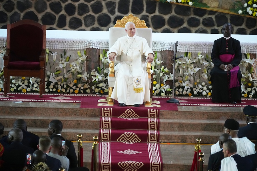 Pope Leo XIV leads a meeting for peace at Saint Joseph's Cathedral in Bamenda, Cameroon, with the local community Thursday, April 16, 2026, on the fourth day of his 11-day pastoral visit to Africa.