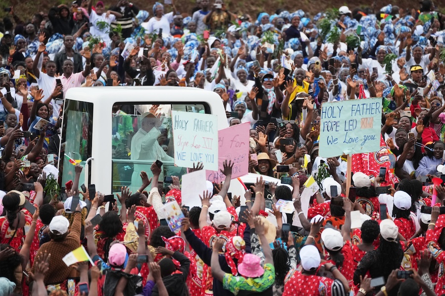 Pope Leo XIV arrives to celebrate Mass at Bamenda Airport, Cameroon, Thursday, April 16, 2026, on the fourth day of his 11-day pastoral visit to Africa.