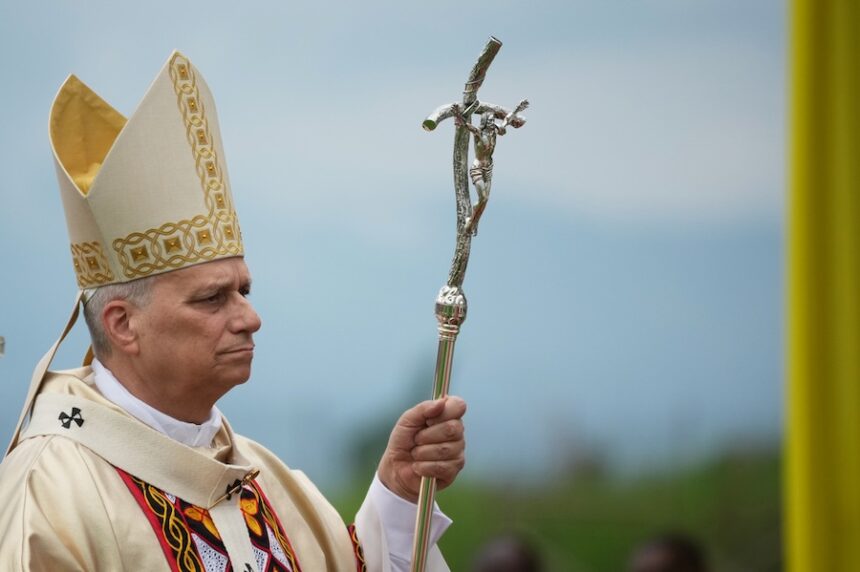 Pope Leo XIV arrives in procession to celebrate a Mass at Bamenda Airport, Cameroon, Thursday, April 16, 2026, on the fourth day of his 11-day pastoral visit to Africa.