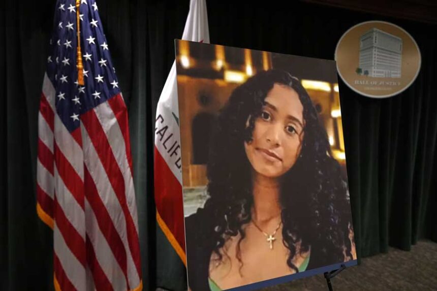 A photo of Celeste Rivas Hernandez is displayed Monday, April 20, 2026, in Los Angeles for a press conference regarding the case of singer D4vd, who was charged on suspicion of killing the 14-year-old girl whose dismembered body was found in his car. | Damian Dovarganes, Associated Press