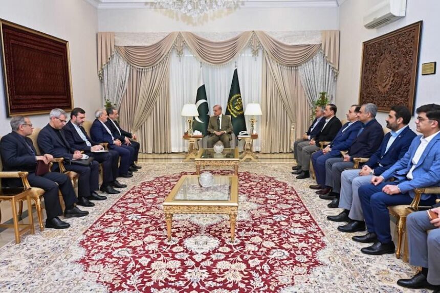 In this photo released by the Pakistan Prime Minister Office, Iran's Foreign Minister Abbas Araghchi, fifth left, meets with Prime Minister Shehbaz Sharif, center, in Islamabad, Pakistan, Saturday, April 25, 2026.