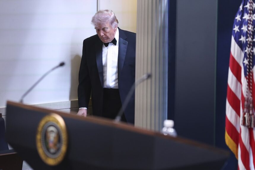 President Donald Trump arrives at the James Brady Press Briefing Room at the White House after an unspecified threat at the annual White House Correspondents' Association Dinner in Washington, Saturday, April 25, 2026.