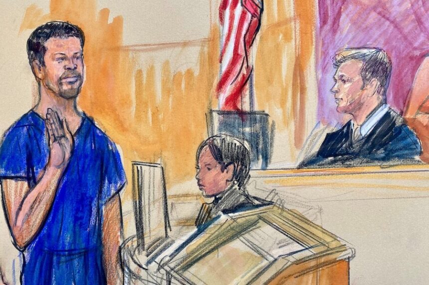 This courtroom sketch depicts Cole Tomas Allen, left, the California man arrested in the shooting incident at the correspondents dinner in Washington, seen appearing before Magistrate Judge Matthew J. Sharbaugh, in federal court, Monday, April 27, 2026 in Washington. (Dana Verkouteren via AP)