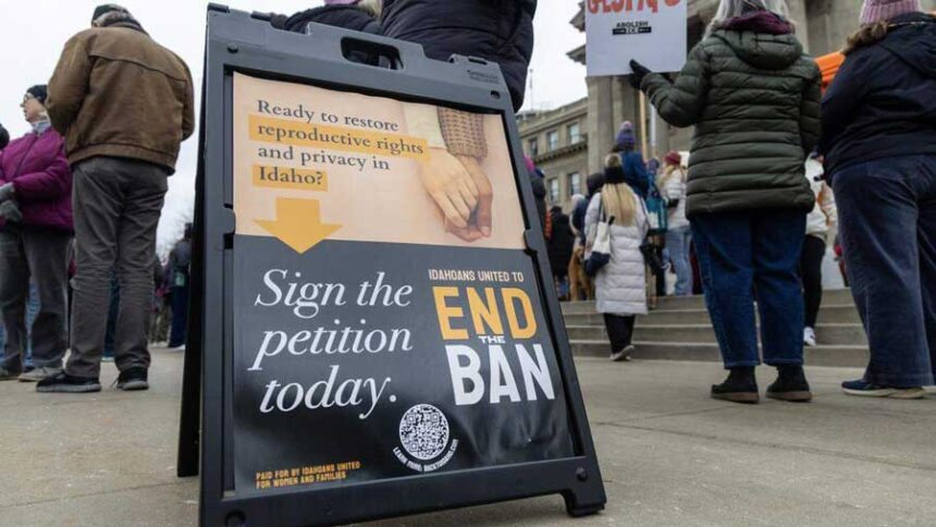 A sign outside the Idaho Capitol during the Women’s March on Jan. 17 gives information on the Reproductive Freedom and Privacy Act, a citizen-led ballot initiative in response to Idaho's ban on abortion. | Sarah A. Miller, Idaho Statesman