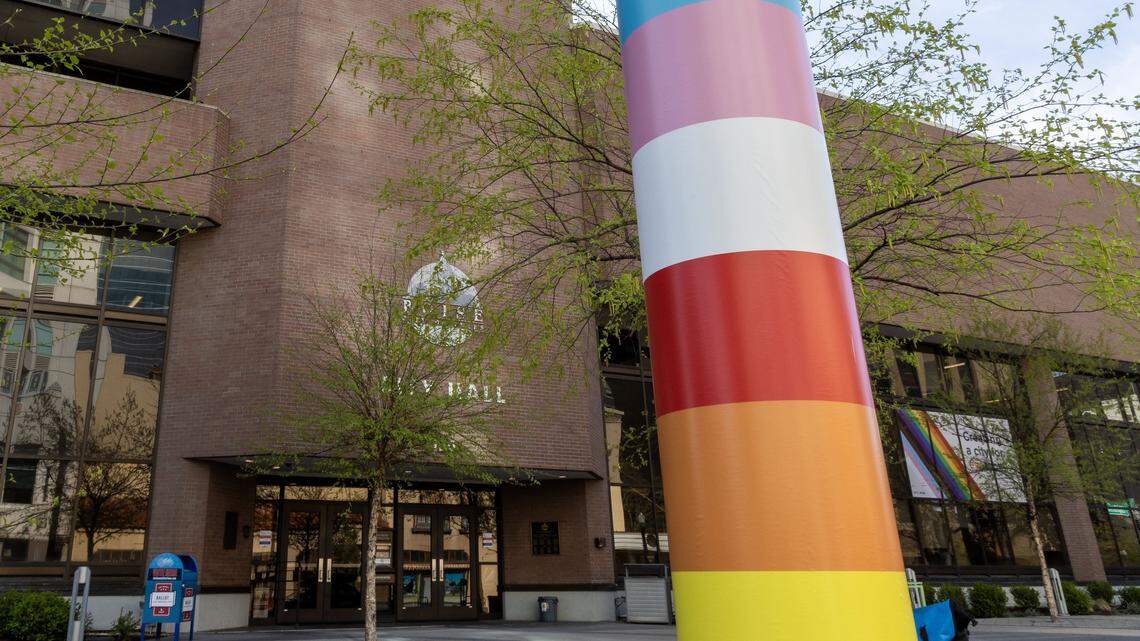 Boise’s flagpoles are now rainbow striped, after lawmakers strengthened a 2025 bill banning most flags on government property. (Darin Oswald)