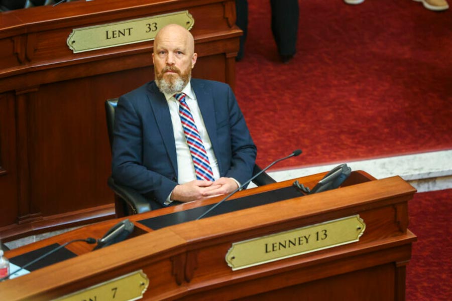 Sen. Brian Lenney, R-Nampa, listens to proceedings from the Senate floor on Jan. 13, 2026, at the State Capitol Building in Boise. (Photo by Pat Sutphin for the Idaho Capital Sun)