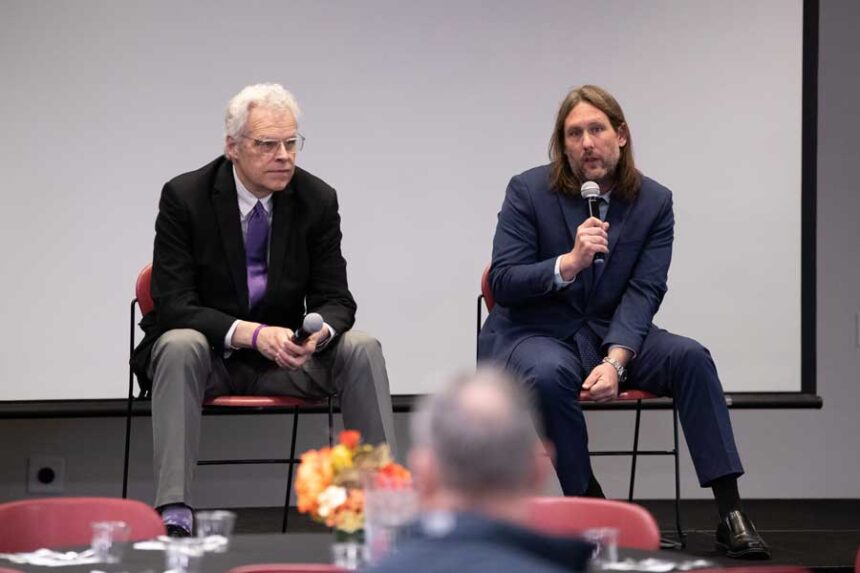 From left, Idaho Statehouse reporters Kevin Richert and Clark Corbin speak during a City Club of Idaho Falls event recapping the past legislative session on Thursday, April 16, 2026.