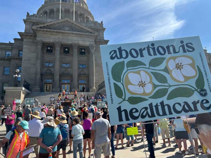 A few hundred people attended a rally on June 25, 2025, in front of the Idaho State Capitol to support the start of signature gathering for an abortion rights ballot initiative.