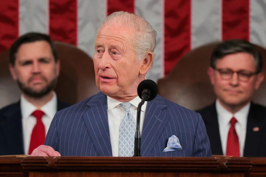 Britain's King Charles III addresses a joint meeting of Congress while Vice President JD Vance, left, and House Speaker Mike Johnson, R-La., right, listen in the House Chamber of the U.S. Capitol in Washington, Tuesday, April 28, 2026. | Kylie Cooper, Associated Press
