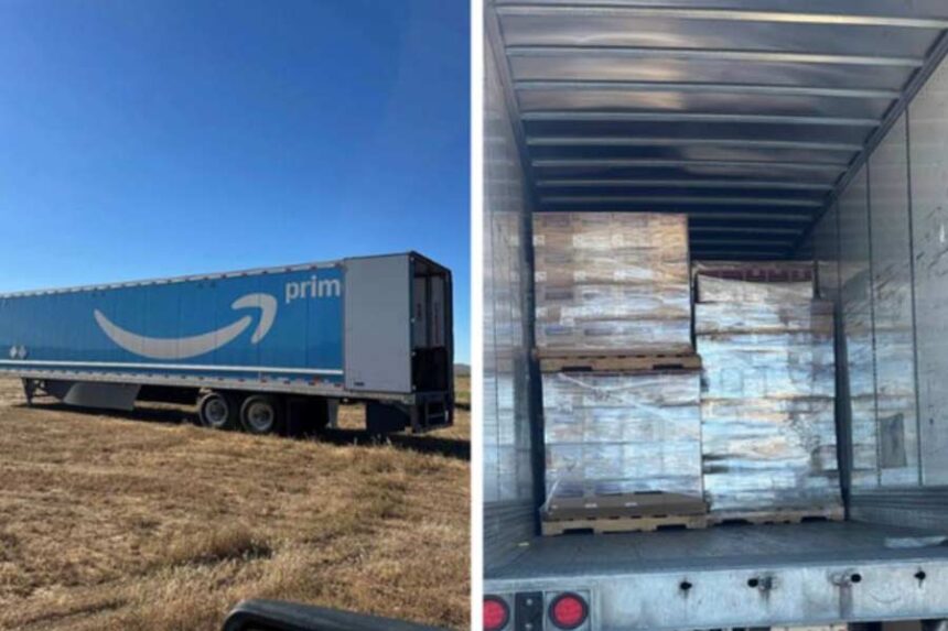 One of the stolen freight trailers and a large amount of Lego products that were allegedly stolen in transit to Southern California from Texas. Mandatory Credit: Kern County Sheriff's Office via CNN Newsource