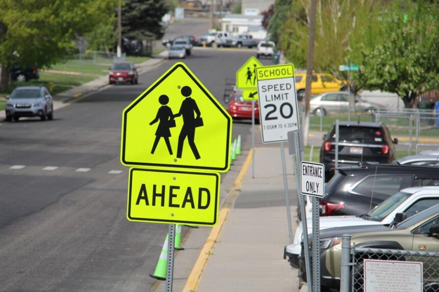 School Zone Ahead sign by Syringa Elementary School
