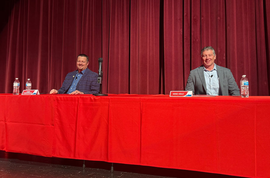 Legislative District 35 Seat A incumbent Mike Veile debates candidate Chad Christensen at the EastIdahoNews.com Compass Academy Debate on Thursday, April 30. | Kaitlyn Hart, EastIdahoNews.com