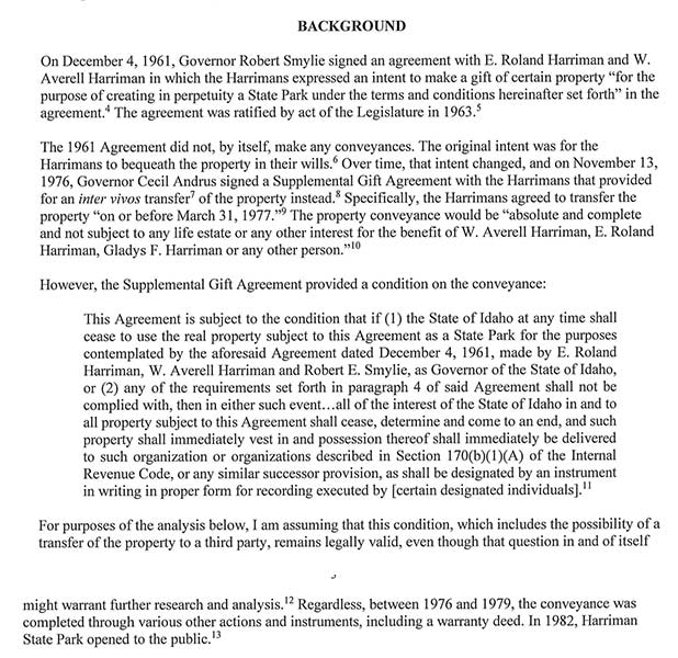 A portion of Attorney Elizabeth Bowen's legal analysis from the 1976 special agreement. | Courtesy Idaho Legislative Services Office