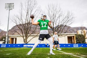 BYU quarterback Enoch Watson looks to pass during a spring practice session. | Nate Edwards, BYU photo.