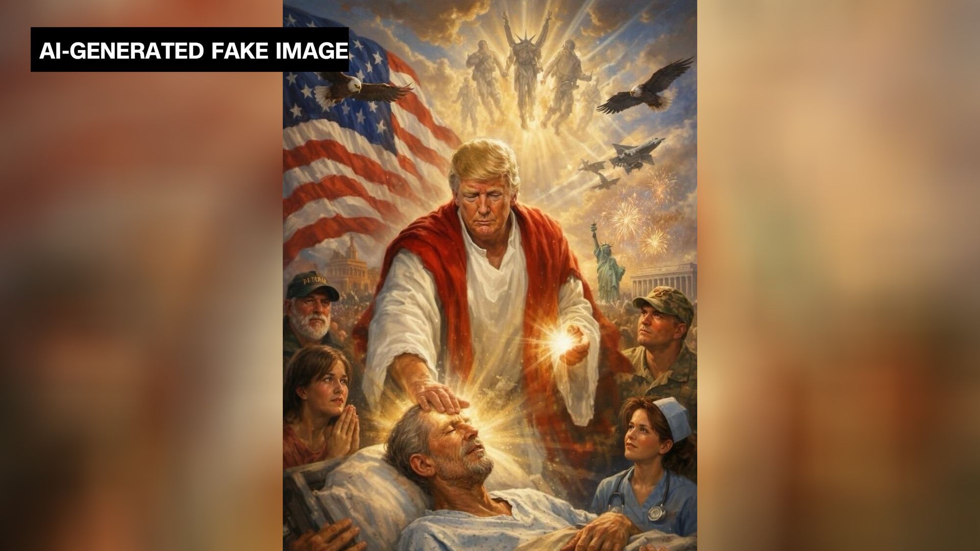 This AI-generated fake image shared by President Donald Trump to Truth Social on Sunday shows him depicted as a Christ-like figure healing a sick person.