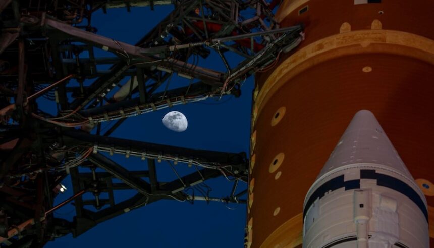 The SLS rocket and Orion spacecraft are seen atop the mobile launcher in January at Kennedy Space Cener. | Brandon Hancock, NASA via CNN Newsource