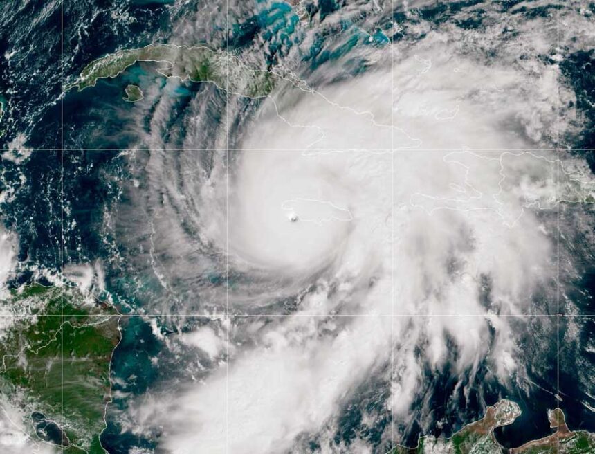 In this handout satellite image provided by the National Oceanic and Atmospheric Administration (NOAA), Hurricane Melissa churns through the Caribbean Sea on October 28, 2025. (Handout/Getty Images South America/Getty Images/NOAA via CNN Newsource)