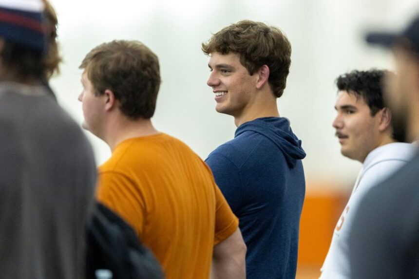 Texas quarterback Arch Manning attends the school's NFL football pro day as a spectator, Tuesday, March 24, 2026, in Austin, Texas. (AP Photo/Stephen Spillman)