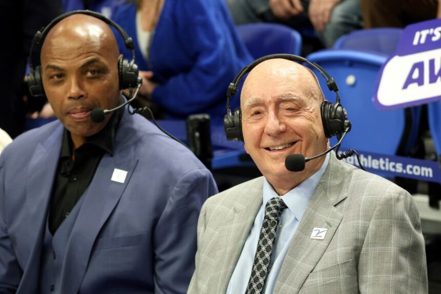 FILE - Charles Barkley, left, and Dick Vitale prepare for their broadcast before an NCAA college basketball game between Kentucky and Indiana in Lexington, Ky., Dec. 13, 2025. (AP Photo/James Crisp, file)