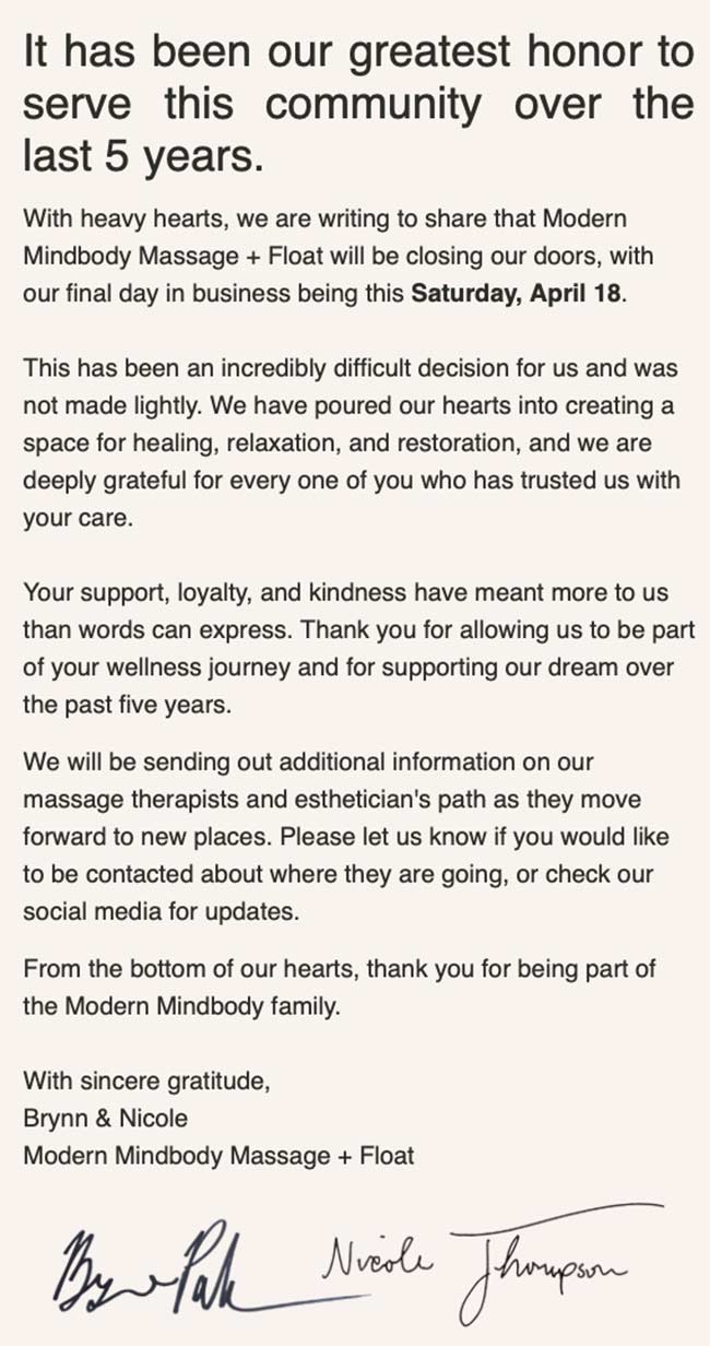 Owners' email to customers on April 14 about the closure. | Screenshot from email