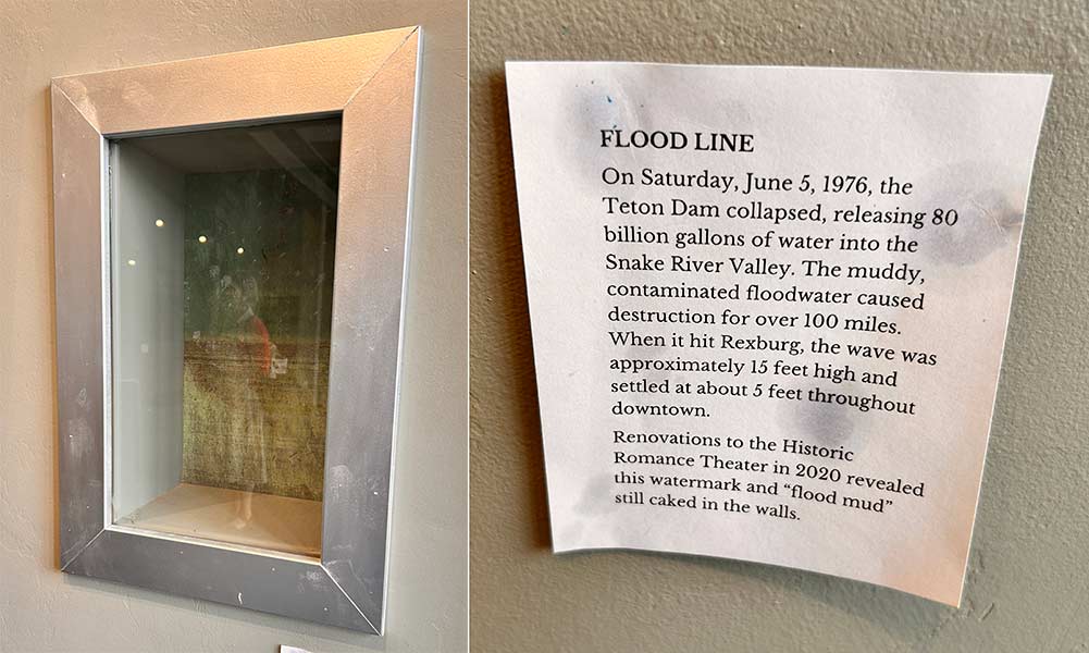 Left: The original wall inside the Romance Theatre shows the flood line. Right: A historical fact sheet displayed below the flood line. | Rett Nelson, EastIdahoNews.com