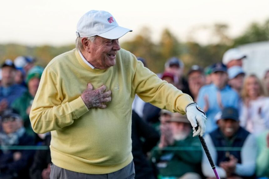 Jack Nicklaus hits the ceremonial tee shot on the first hole during the first round of the Masters golf tournament at the Augusta National Golf Club, Thursday, April 9, 2026, in Augusta, Ga. (AP Photo/Eric Gay)