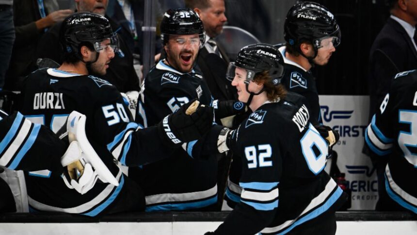 Logan Cooley #92 of the Utah Mammoth celebrates after scoring a goal during the first period of the game against the Winnipeg Jets at Delta Center on April 14, 2026 in Salt Lake City, Utah. (Photo by Alex Goodlett/Getty Images)