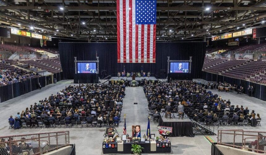 Nampa Mayor Rick Hogaboam, was eulogized and honored by hundreds at the Ford Idaho Center, in Nampa, Tuesday, March 31, 2026. | Darin Oswald, Idaho Statesman