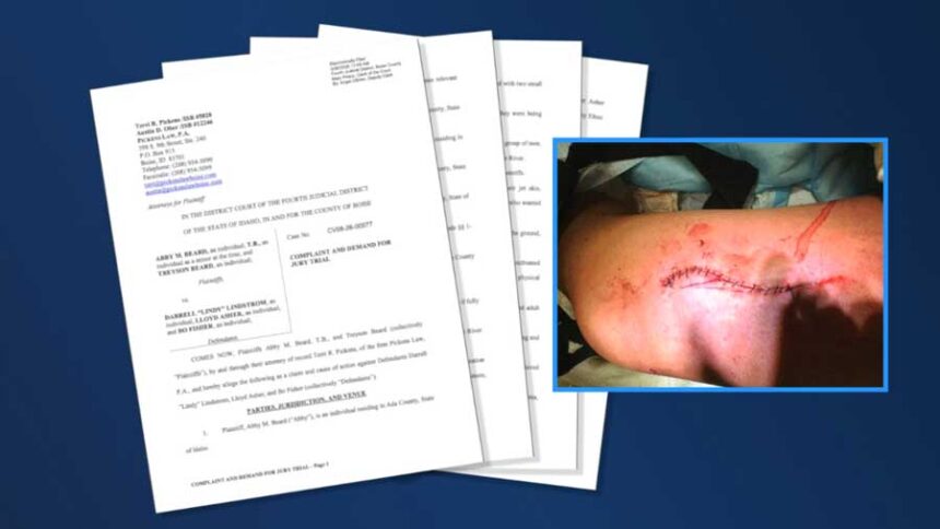 Court documents filed in a civil lawsuit against Boise County Commissioner Darrell “Lindy” Lindstrom claim that Lindstrom stabbed a teen during a fight in August 2025. The image on the right shows the stitched-up wound that resulted from the alleged stabbing.