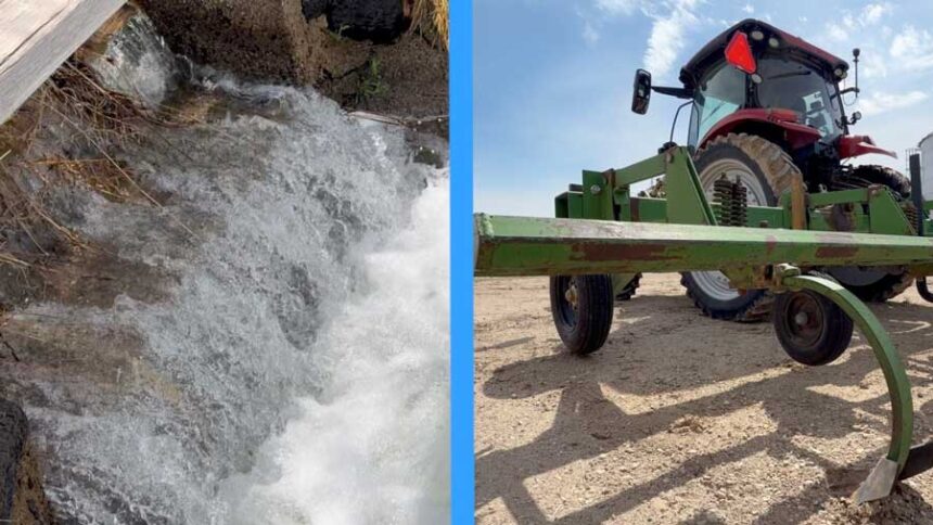 An image of spring runoff, right, next to a tractor, left. Idaho water, farming, and agriculture.