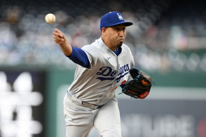 Los Angeles Dodgers relief pitcher Edwin Diaz (3) throws during the ninth inning of a baseball game against the Washington Nationals, Sunday, April 5, 2026, in Washington. (AP Photo/Nick Wass)