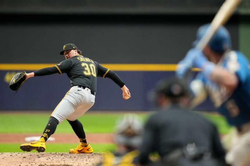 Pittsburgh Pirates pitcher Paul Skenes (30) throws during the fifth inning of a baseball game against the Milwaukee Brewers, Friday, April 24, 2026, in Milwaukee. (AP Photo/Kayla Wolf)