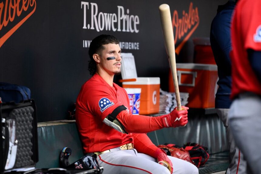 Boston Red Sox left fielder Jarren Duran sits in the dugout before a baseball game against the Baltimore Orioles, Friday, April 24, 2026, in Baltimore. (AP Photo/Nick Wass)